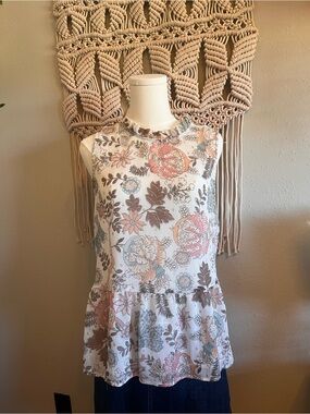 LOFT White Floral Ruffle Neck Sleeveless Peplum Top